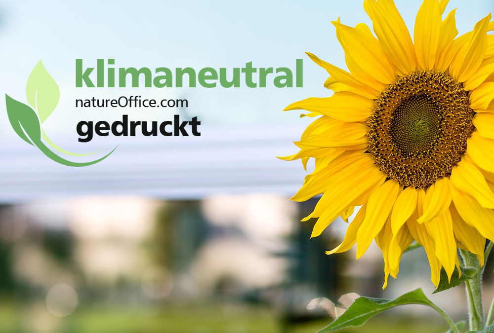 Sonnenblume mit dem „klimaneutral gedruckt“-Logo