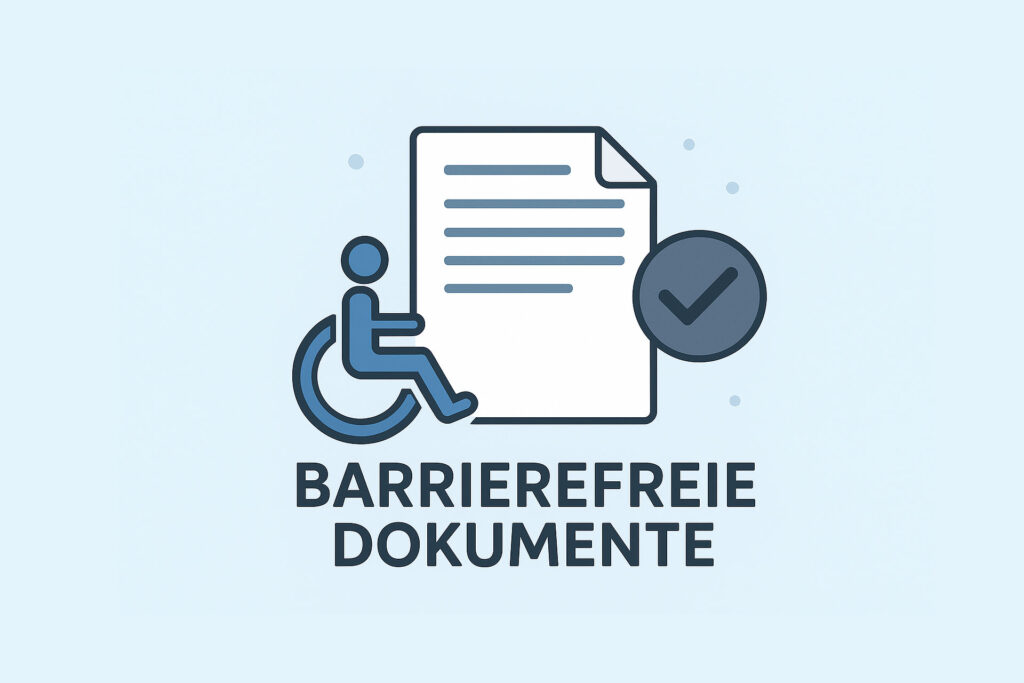 Eine Grafik bei der eine Person in einem stilisierten Rollstuhl sitzt, eine Grafik von einem beschriebenen Papier und ein Haken rechts